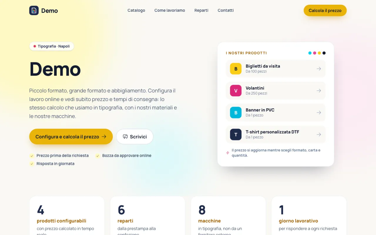 Pagina pubblica della tipografia Demo con hero, prodotti configurabili da 100 pezzi e numeri di reparti e macchine