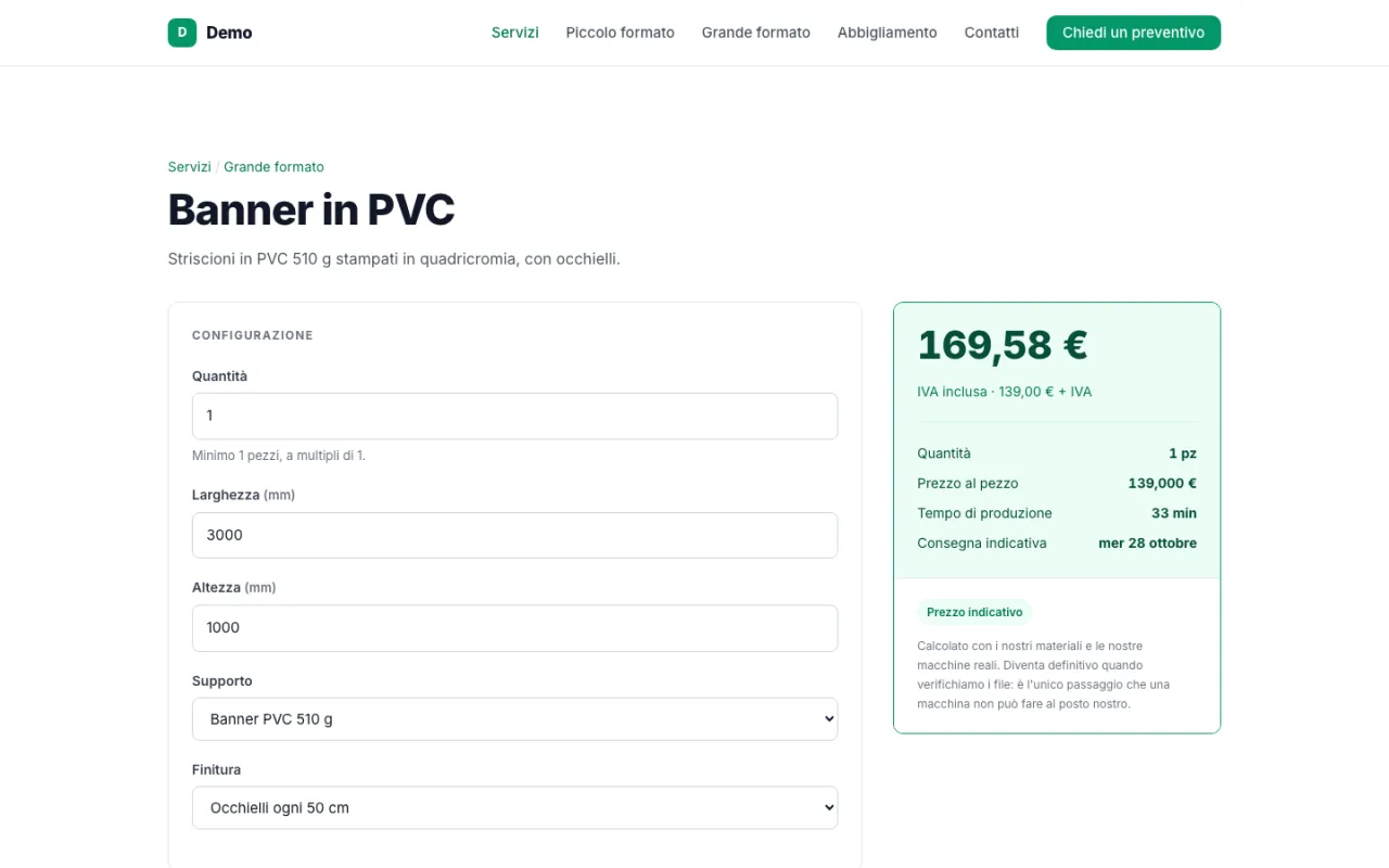 Pagina pubblica di un prodotto: il cliente sceglie quantità e opzioni e vede il prezzo aggiornato